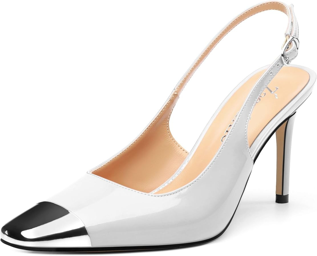 Slingback Heels for Women Stiletto Heels Silver Cap Square Toe Two Toned Pumps with Buckle High H... | Amazon (US)