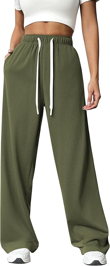 PINSPARK Wide Leg Sweat Pants for Womens High Waisted Baggy Sweatpants Casual Drawstring Workout ... | Amazon (US)