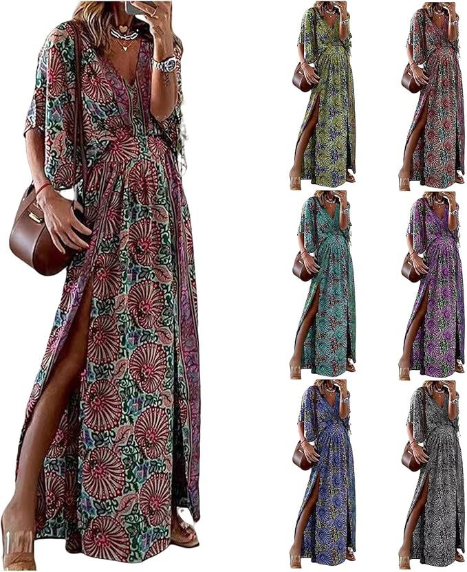 Casual Dresses for Women with Slit Bohemian Dress V-neck Short Sleeve Print Fashion Loose Long Dr... | Amazon (US)