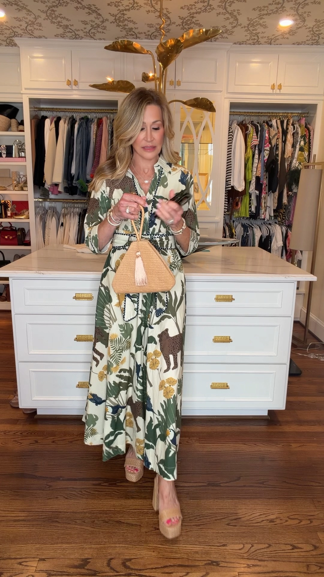 Perfect summer￼ dress from Just Darviny!  This maxi  dress has a beautiful jungle print, buttons up the front, has pockets and a belted waist. I’ve styled it with raffia platform sandals and a raffia bag.

#LTKootd #LTKSeasonal #LTKgrwm