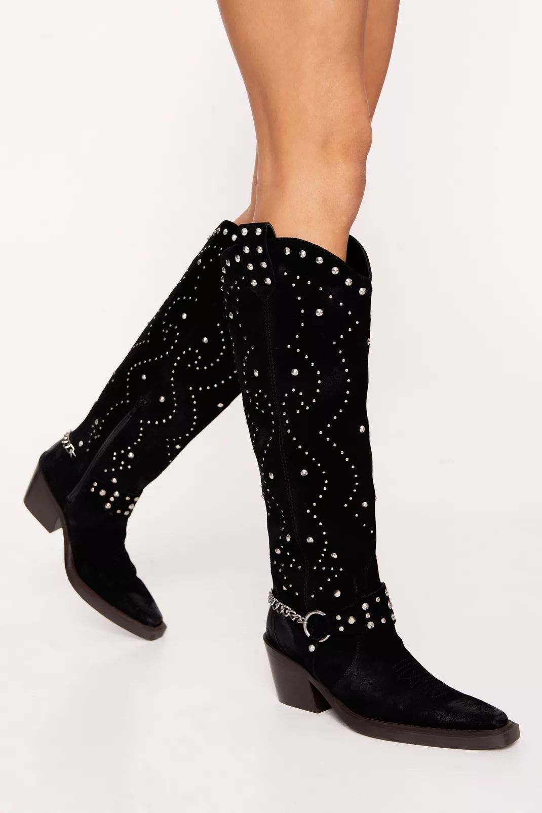 Suede Studded Harness Knee High Cowboy Boots | Nasty Gal US