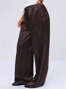 MakeMeChic Women's Satin Silk Wide Leg Pants Low Waist Baggy Pants Lounge Bottoms | Amazon (US)