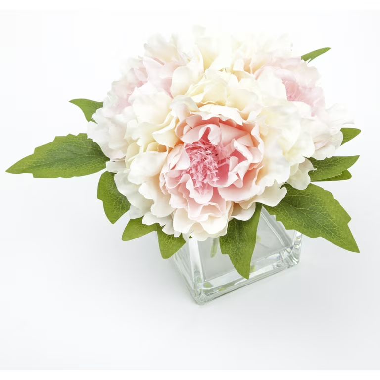 Better Homes & Gardens  Artificial 7 inch Pink Peony Flowers in Square Glass Vase | Walmart (US)