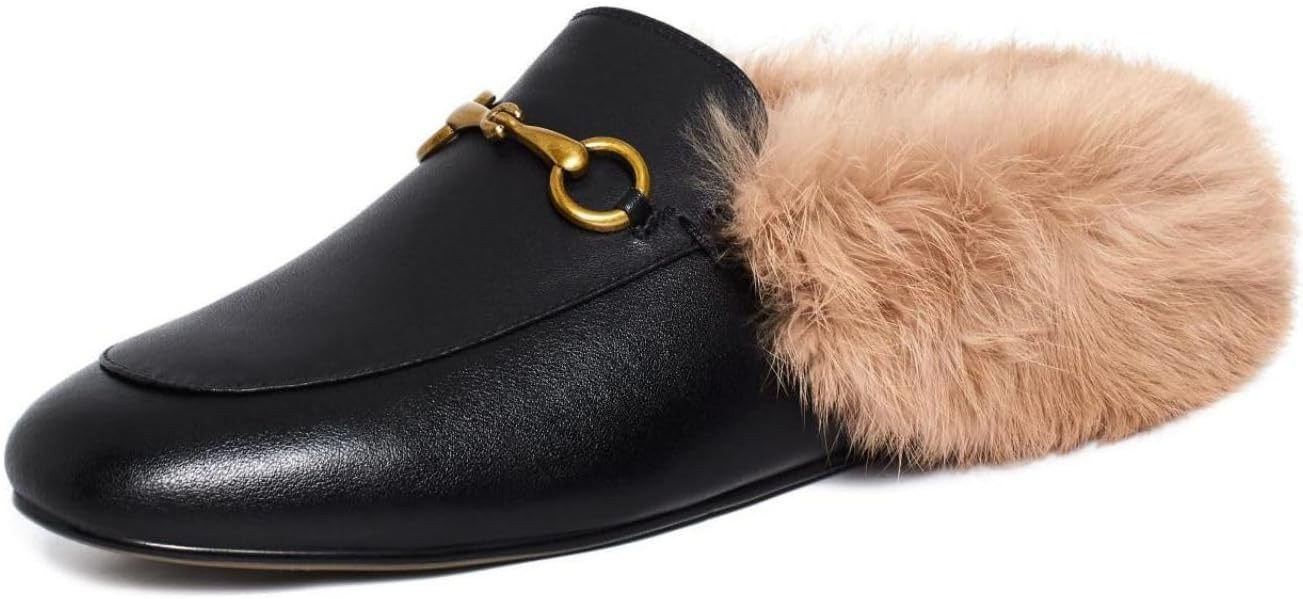 Vertundy Fur Mules with Matal Buckle Slip On Flats for Women Backless Sandals Dress Shoes Work Sl... | Amazon (US)