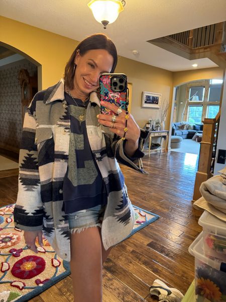 casual cozy outfit of the day! 
This shacket is from flag and anthem (linking similar below!)
sweatshirt is from free people size small
wearing size 25 in shorts 

#LTKFindsUnder100 #LTKFindsUnder50 #LTKStyleTip