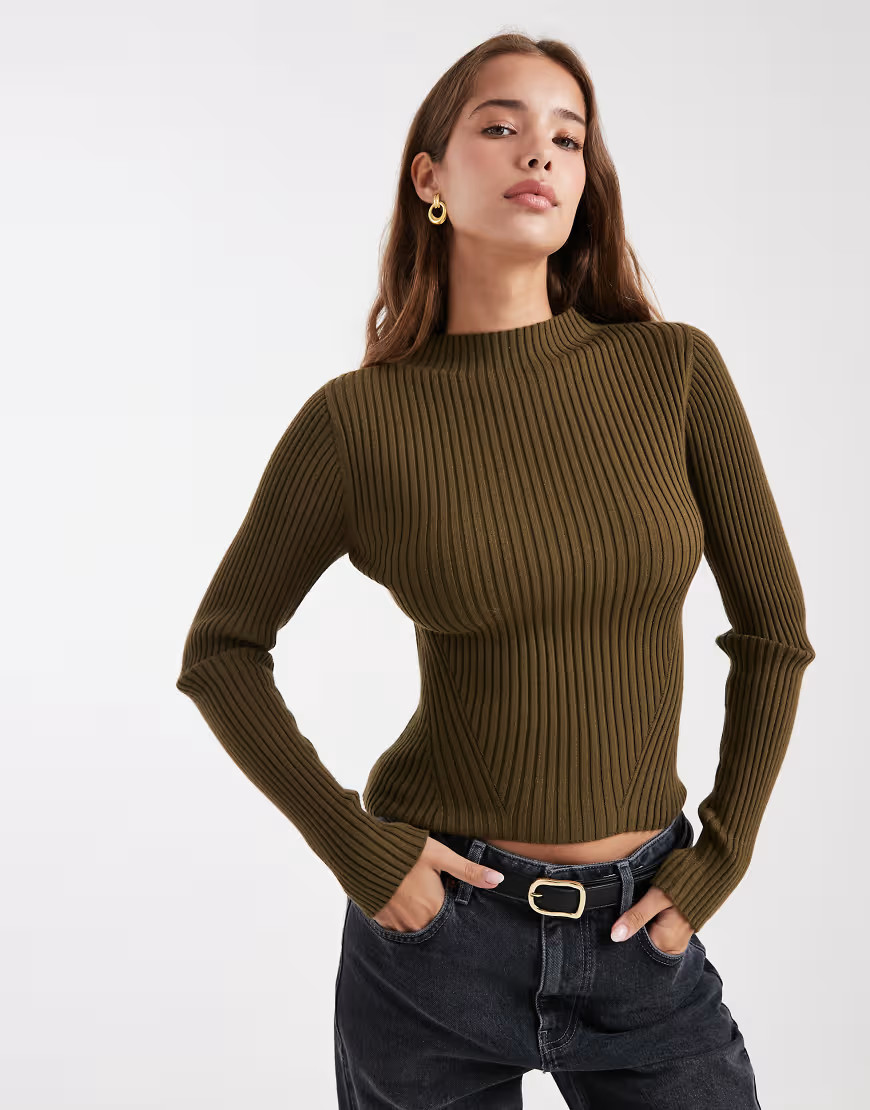 ASOS DESIGN knitted placement rib high neck top in olive-Green | ASOS (Global)