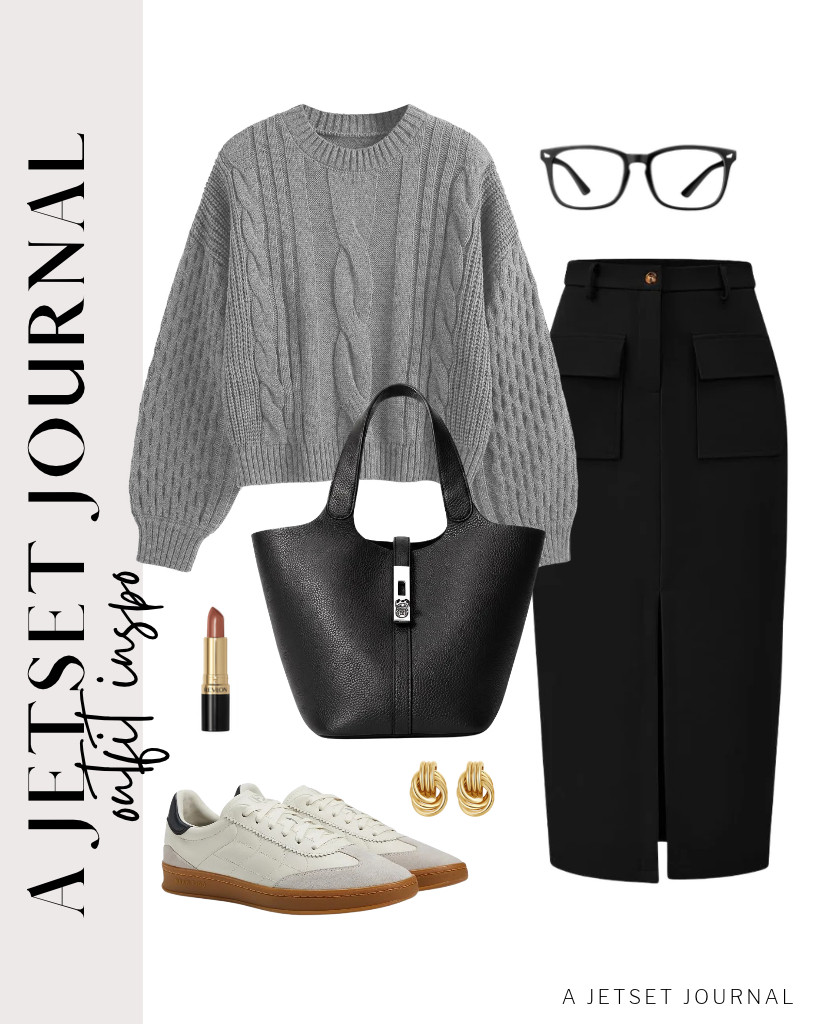 Wear this ZAFUL cable-knit sweater with this black KIRUNDO midi pencil skirt for another outfit combination. These Cole Haan Grandpro Breakaway sneakers and a classy top-handle satchel bag complement this look. You can finish this stylish look with blue light-blocking glasses and SHERLOVE chunky knot gold earrings. 

 #LTKSeasonal #LTKSaleAlert #LTKTravel