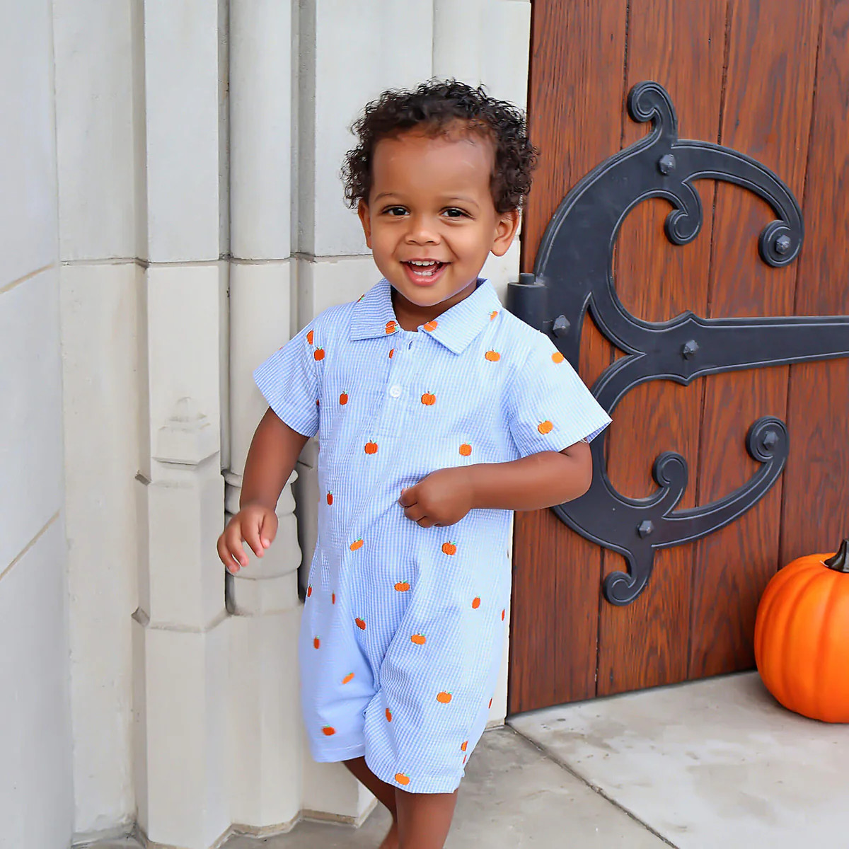 Pumpkin Schiffli Light Blue Gingham Polo Romper | Classic Whimsy