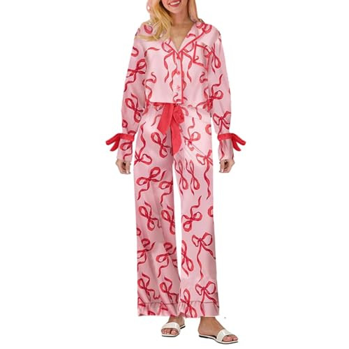 Women 2 Piece Christmas Pajamas Set Cute Bow Tie Long Sleeve Shirts Pants Silk Satin Graphic Pjs Sets Xmas Jammies (A Bow Pink, M) | Amazon (US)