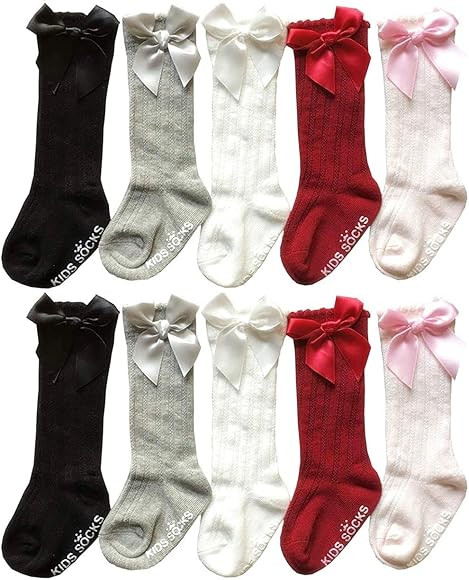 QandSweet Baby Girl Knee-High Socks Toddlers Bow Stockings Newborn Infant Non-Slip Sock | Amazon (US)