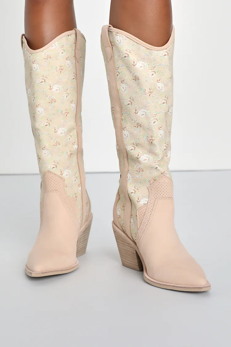 Navene Pink Multi Floral Nubuck Leather Slip-On Knee-High Boots | Lulus