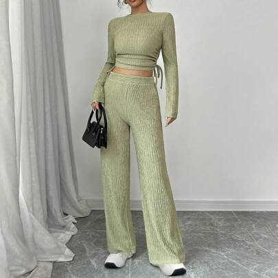 2pcs/Set Green Knitted Textured Elastic Side Ruched Top And Pants | SHEIN