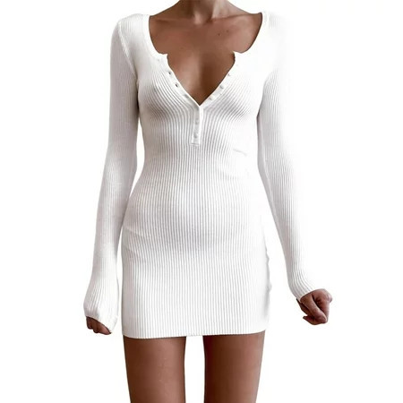 BKQCNKM Long Sleeve Dress Sexy Dresses for Women White Dress Women Knitting Sleeve Sweater Dress Womens Dresses Summer Knee Length Dress for Women White S | Walmart (US)