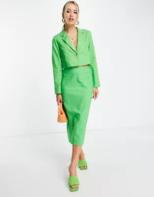 Y.A.S Exclusive tailored linen midi suit skirt in green | ASOS (Global)