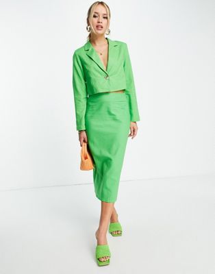 Y.A.S Exclusive tailored linen midi suit skirt in green | ASOS (Global)
