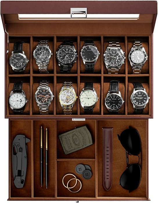 ProCase Watch Box, 12 Slot Mens Watch Case With Drawer, 2-Layer Watch Display Case With Glass Lid... | Amazon (US)