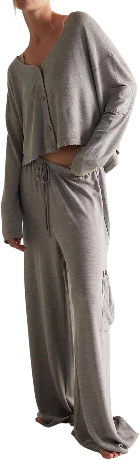 Womens 2 Piece Long Sleeve Shirt Baggy Pants With Pockets Slouchy Lounge Pajamas Set Y2k Loose Fi... | Amazon (US)