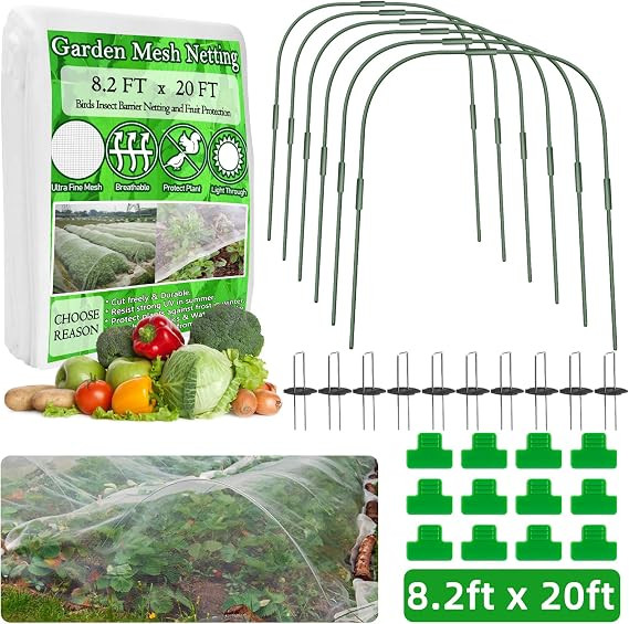 GRAUERHUND Garden Mesh Netting 8.2x20ft Plant Cover with 6pcs Garden Hoops 12pcs Clips and 10pcs ... | Amazon (US)