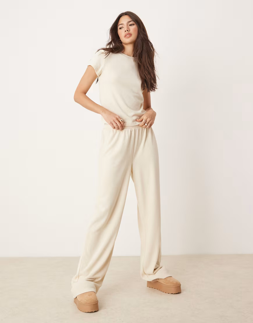 ASOS DESIGN mix & match lounge fluffy sock wide leg trouser in cream-White | ASOS (Global)