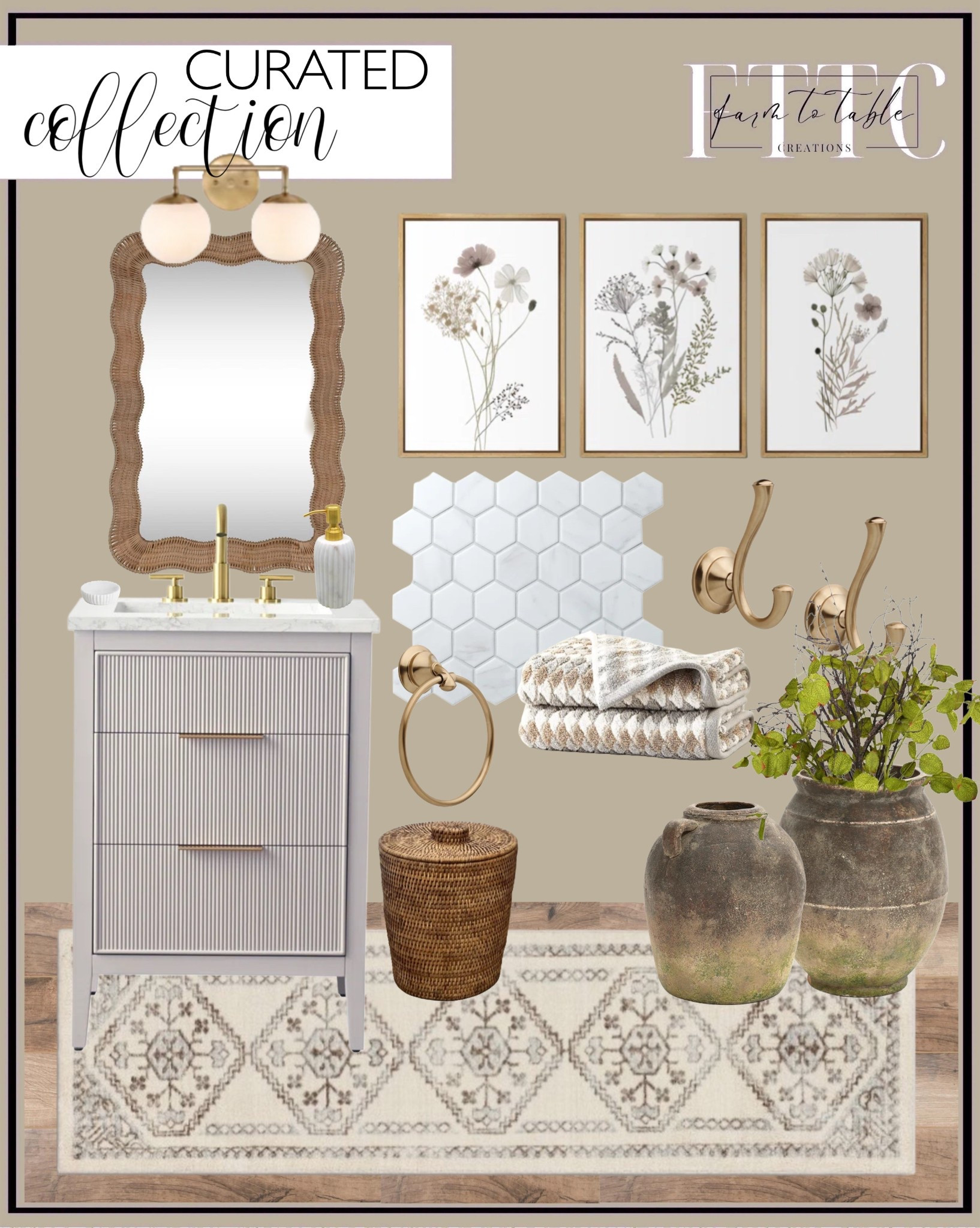 Curated Bathroom Collection. Follow @farmtotablecreations on Instagram for more inspiration.

Threshold Persian Style Washable Rug. Erin Gates by Cooper Classic Scalloped Linden Accent Mirror. 24'' Single Bathroom Vanity with Engineered Stone Top. Palmetto 6" x 36" Matte Porcelain Wood Look Floor & Wall Tile. Value Series 2" x 2" Porcelain Honeycomb Mosaic Wall & Floor Tile. Sommers 2 - Light Vanity Light. Double Towel Hook Bath Hardware Accessory. Wildflowers Floral & Botianical Neutral Minimlist Pictures Framed 3 Pieces Canvas Print Wall Art. Rustic Ginger Root Brown Terracotta 13.6-Inch Tall Indoor and Outdoor Urn Vase. Eucalyptus twigs. Wicker trash can with lid. Marble Soap Dispenser. Marble Soap Dish. Hand towel set. Towel Ring. Bathroom Faucet. 

Wayfair Bathroom | Bedroom Furniture | nightstands | Home Decor| Fireplace Decor | Spring Refresh |  Bedroom Finds | Neutral Stems | Spring Stems | Bookshelf Decor | Bedroom Space | Cozy  Corner | Bathroom | Curated Entryway | Spring  Decor | End of Year Clearance | Trending Decor | Viral Decor  | Coffee Table Decor | Neutral Decor | Fall Stem Sale | Target Finds | Skinny Bench | Bedroom | Living Room | Breakfast Nook | Amazon Home | Target Sale | Loloi Rugs | Magnolia Home | console table | console table styling | faux stems | entryway space | front porch decor | neutral decor | entryway decor | cozy home | affordable decor |  home decor | home inspiration | console styling | entryway rug | cozy moody home | moody home decor | neutral home | bathroom decor | living room | spring decor | Hearth & Hand | Studio McGee | 2025 Home Trends | trending home | Crate&Barrel 




#LTKSaleAlert #LTKFindsUnder50 #LTKHome