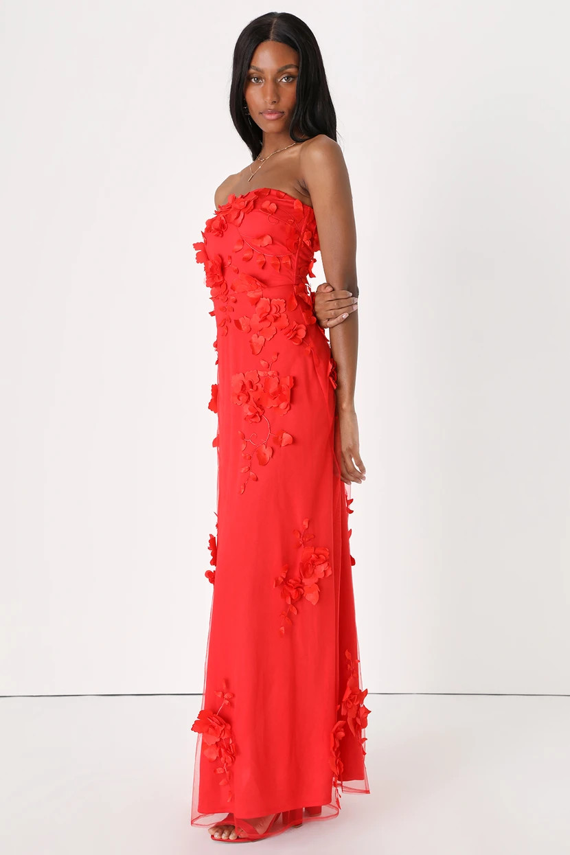 Remarkable Refinement Red Floral Strapless Maxi Dress | Lulus