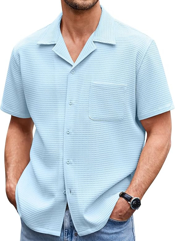 COOFANDY Men's Waffle Shirt Button Down Short Sleeve Shirt Loose Fit Cuban Beach Tops | Amazon (US)