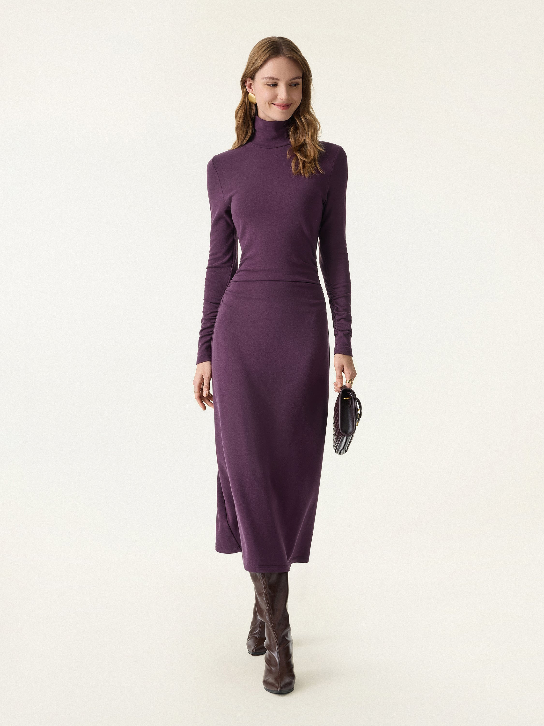 ProWarm Turtleneck Ruched Sleeve Midi Dress | OGLmove