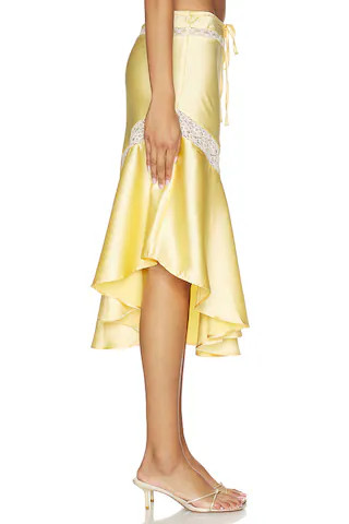 Delphia Satin Midi Skirt in Yellow | Revolve Clothing (Global)