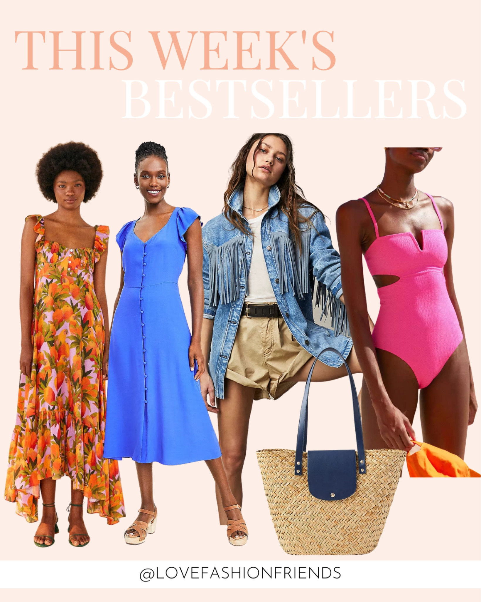 Best sellers, spring dresses, denim fringe jacket, one piece swim, straw bag 

#LTKunder100 #LTKstyletip #LTKswim