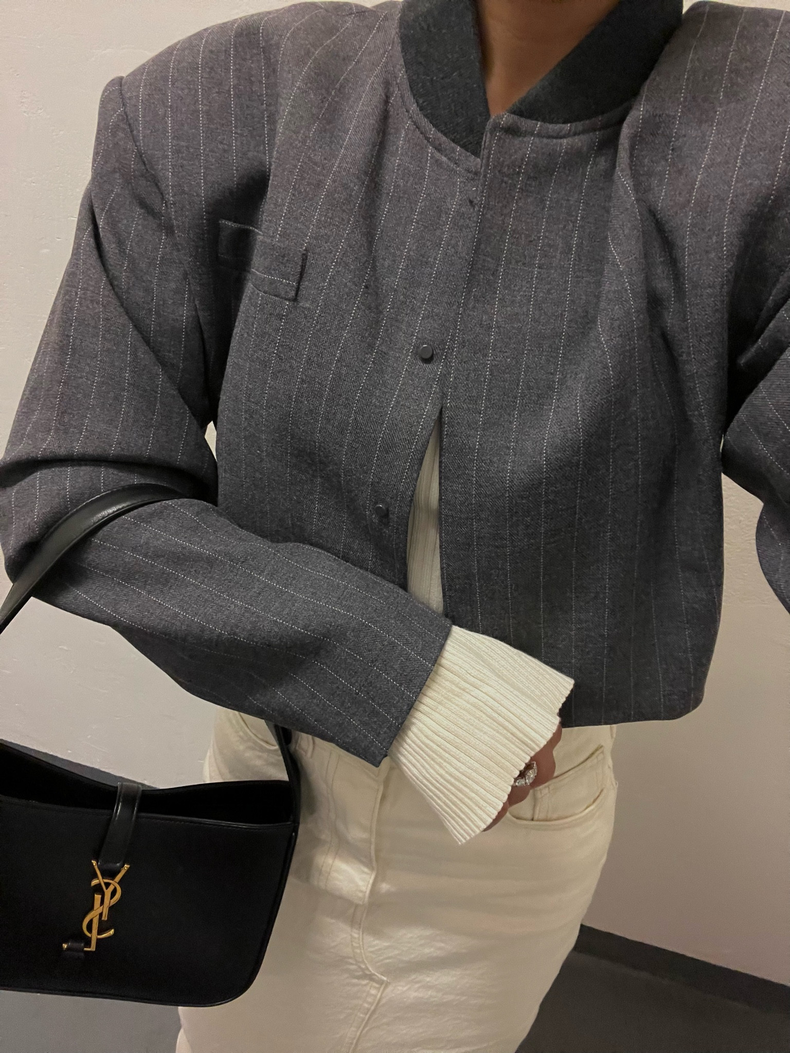 NYC casual fall style Inspo featuring grey bomber jacket and cream long skirt with slit 