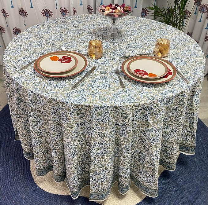 Round Tablecloth Hand Block Print 100% Cotton Reusable Indigo Flower 110 Inch Table Cover Decorat... | Amazon (US)
