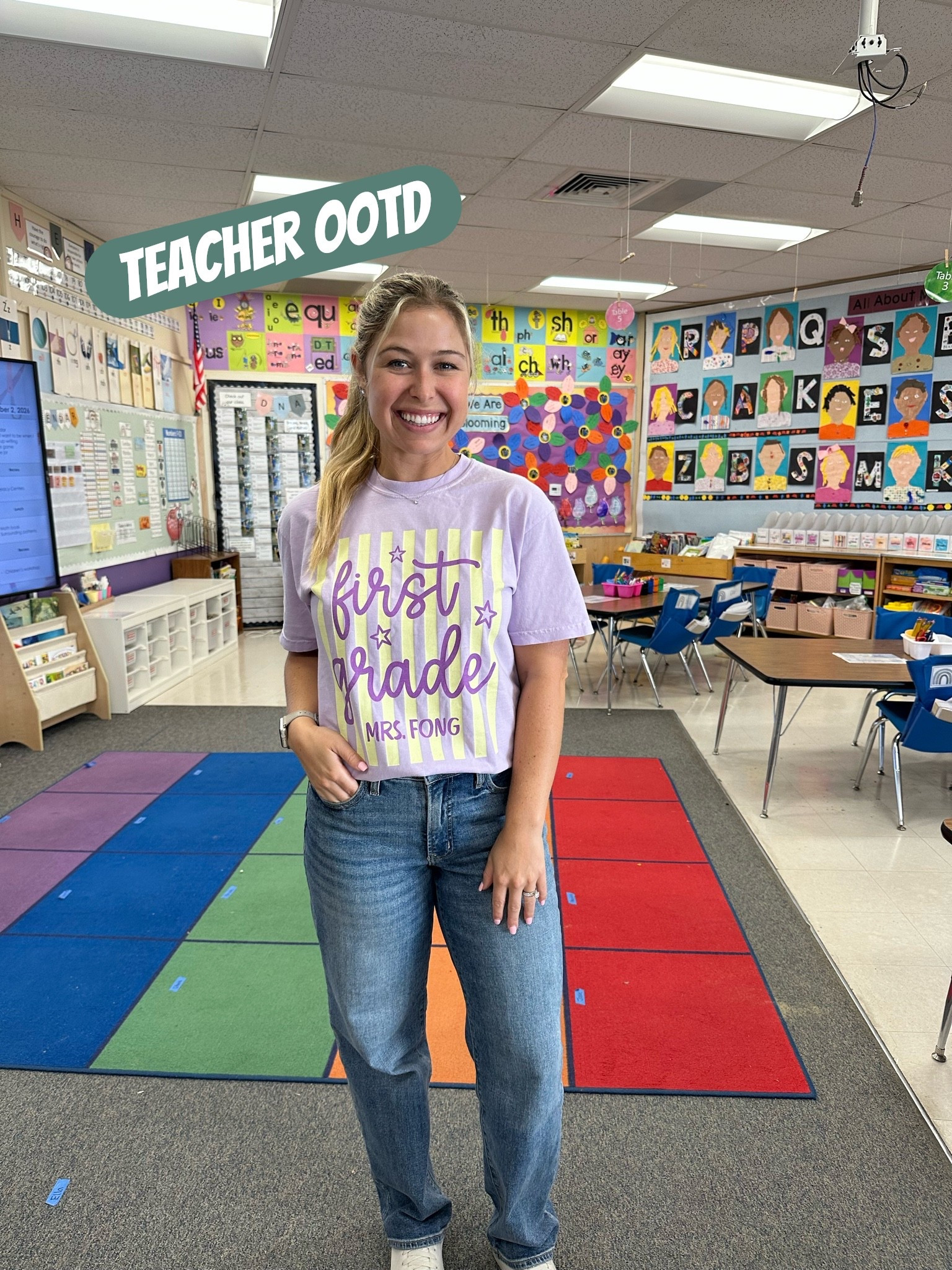 Teacher ootd with the cutest personalized grade level shirts!