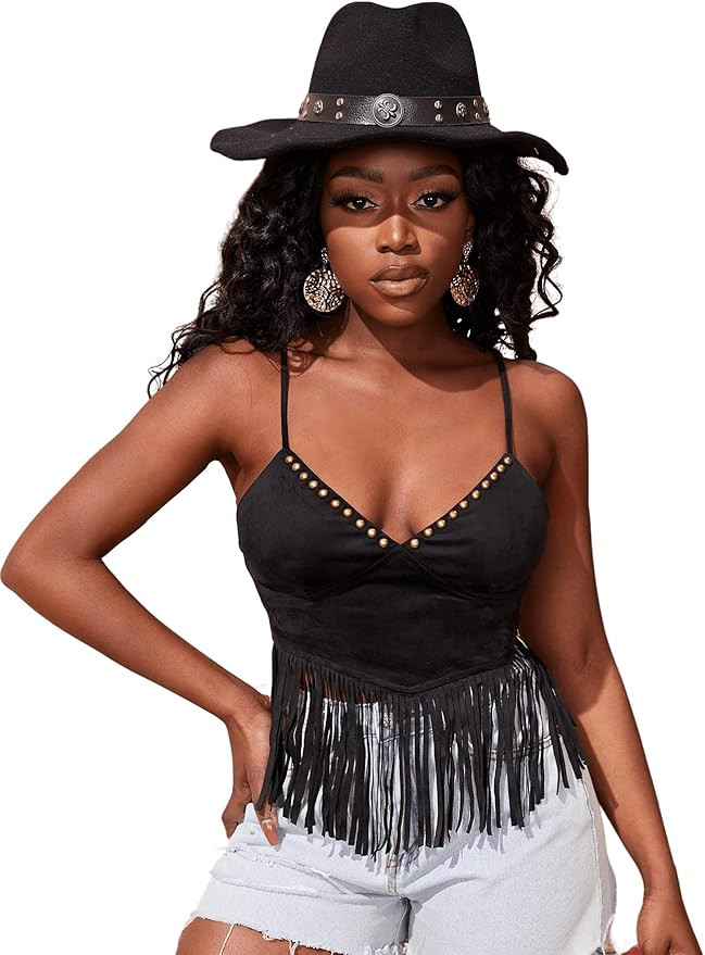 SweatyRocks Women's Sleeveless Tassel V Neck Cami Top Spaghetti Strap Beaded Crop Cami Tank Tops | Amazon (US)