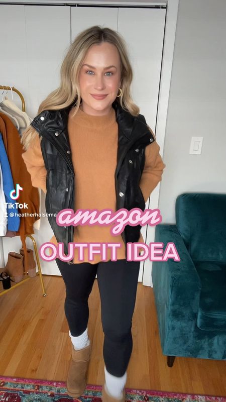 Casual outfit ideas from amazon! Boots, fleece lined leggings, oversized sweater, cropped vest and gold hoops

#LTKunder50 #LTKshoecrush #LTKstyletip