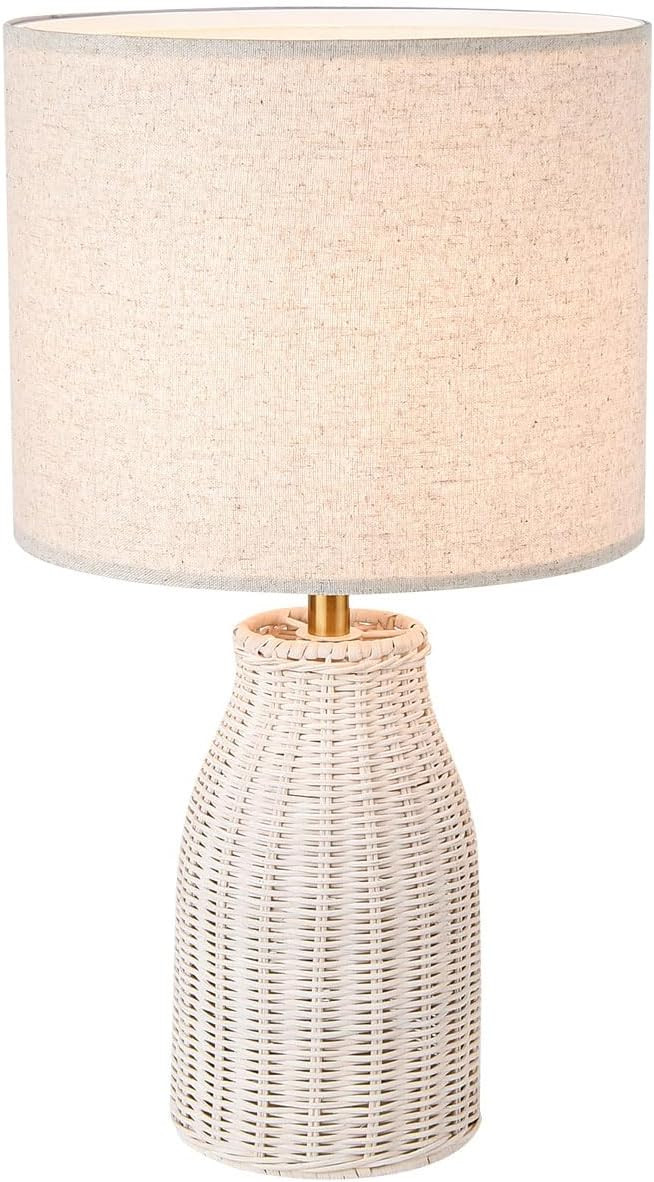 KUNJOULAM Rattan Table Lamp, Small Wicker Desk Lamp with Linen Fabric Lampshade, Weave Nightstand... | Amazon (US)
