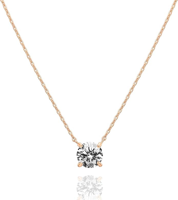 PAVOI 14K Gold Plated Crystal Solitaire 1.5 Carat (7.3mm) CZ Dainty Choker Necklace | Gold Neckla... | Amazon (US)