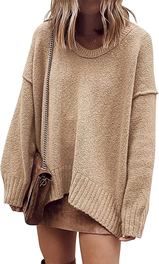 Prinbara Women's Oversized Long Sleeve V Neck Off The Shoulder Baggy Comfy Knit Pullover Sweaters | Amazon (US)