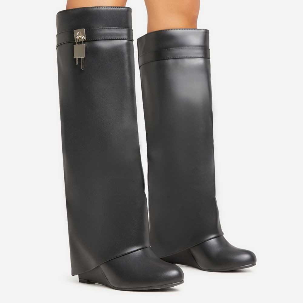 I-Am-The-One Padlock Detail Wedge Heel Knee High Long Boot In Black Faux Leather | EGO Shoes (US & Canada)