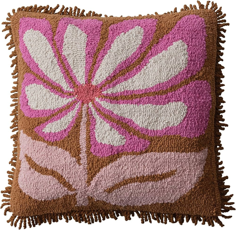 Creative Co-Op, Pink Cotton Punch Hook Pillow with Flower and Fringe, Brown, Natural, Square | Amazon (US)
