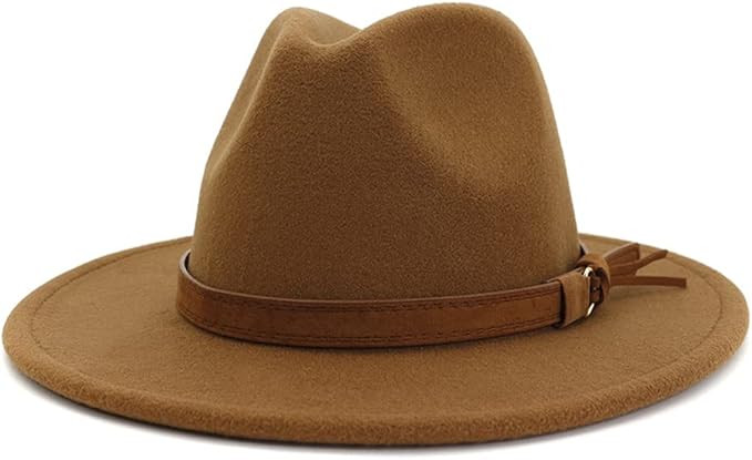 HUDANHUWEI Unisex Wide Brim Felt Fedora Hats Men Women Panama Trilby Hat with Band | Amazon (US)