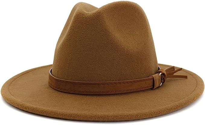 HUDANHUWEI Unisex Wide Brim Felt Fedora Hats Men Women Panama Trilby Hat with Band | Amazon (US)
