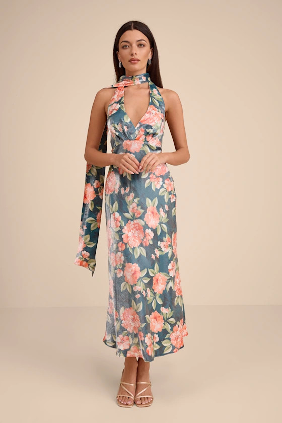 Malani Dark Teal Floral Satin Sash Midi Dress | spring floral dress | spring dresses  | Lulus