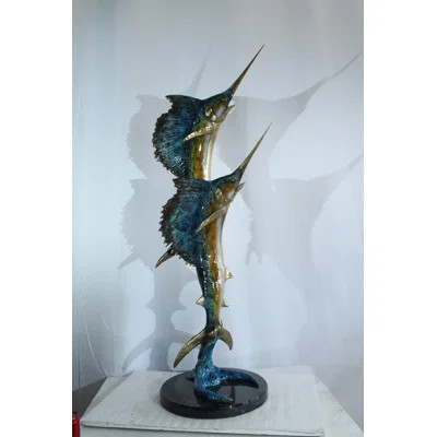 Nifao Twin Sailfish Bronze Statue with Vivid Enamel Finish – Handcrafted Ocean Life Sculpture - 17" x 17" x 56"H | Wayfair North America