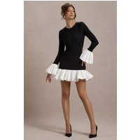 Josefina | Black Long-Sleeve Mini Dress With White Satin Trims | Club L London