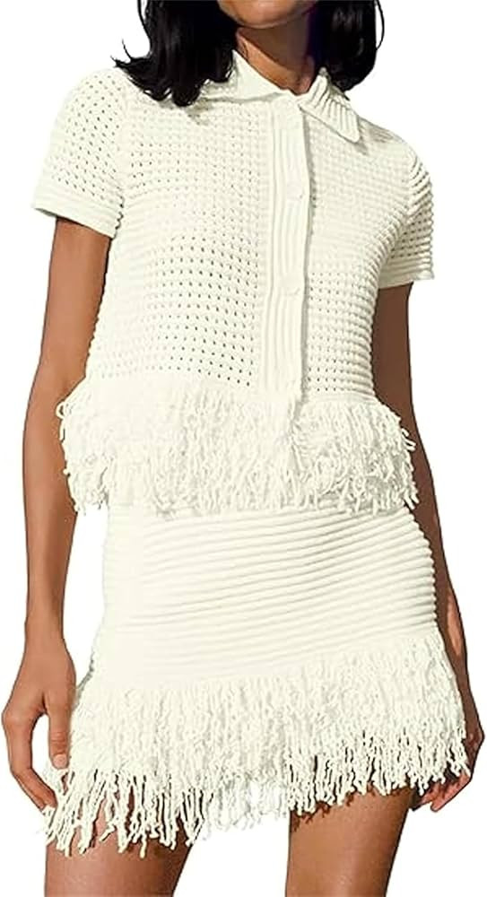 Womens 2 Piece Crochet Outfits Short Sleeve Button Knit Sweater Tops Fringe Skirt Summer Vacation... | Amazon (CA)