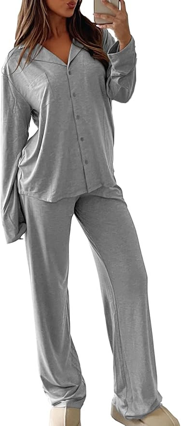 Lounge Sets for Women Pajama Sets 2 Piece Long Sleeve Button Down Soft Pjs Woman loungewear Pajam... | Amazon (US)