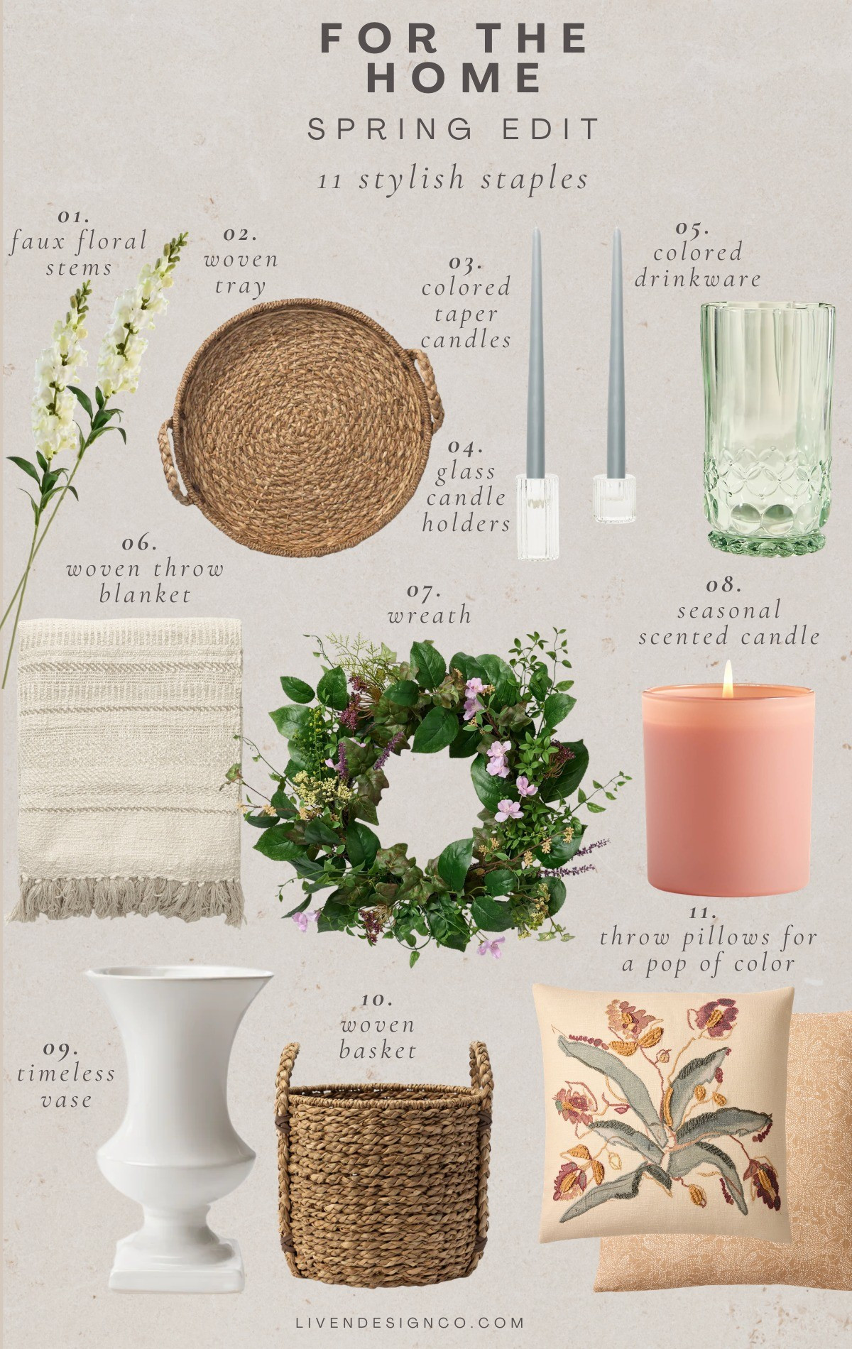 Spring home style staples. Home decor. Colored taper candles. Candle holders. Woven tray. Coffee table decor. Living room. Faux floral stems. Vase. Colored glasses. Drinkware. Anthropologie. Spring wreath. Target home. Woven throw blanket. Glass candle holders. Woven basket. Throw pillows. West Elm. Floral block print pillow

#LTKSeasonal #LTKHome #LTKSaleAlert