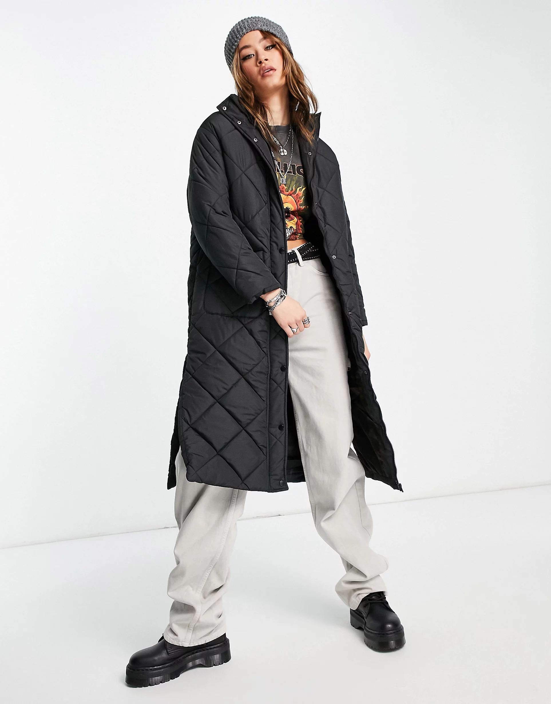 Violet Romance longline diamond quilt puffer coat with funnel neck in black | ASOS (Global)