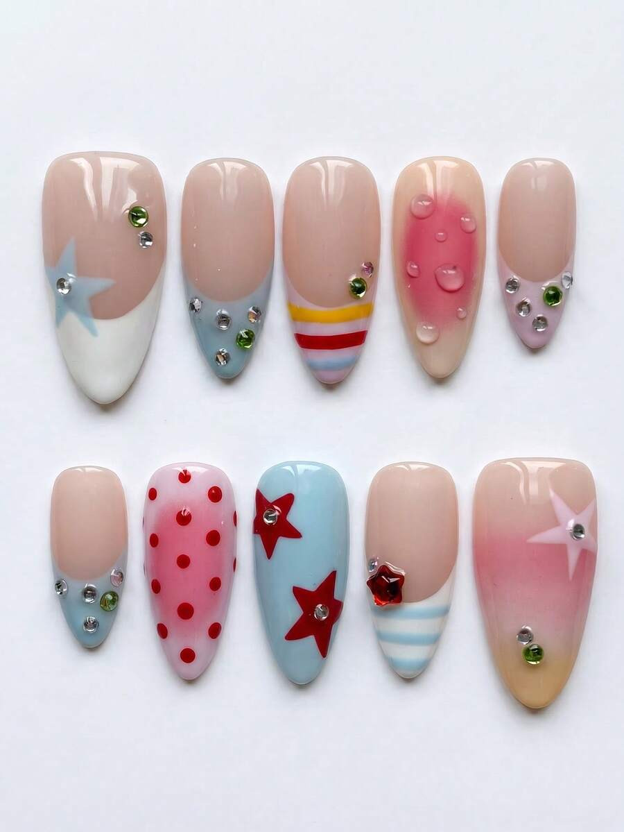 10pcs Handmade Medium Almond Shaped Nail Tips, Y2K Star And Pastel Pop Art Style Pink French Tip ... | SHEIN