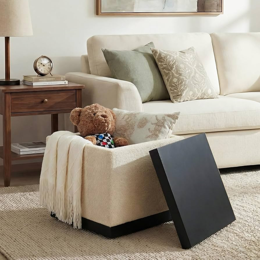 17” Solid Wood Ottoman, Square Ottoman with Storage, Modern Chest Coffee Table, Fabric Footstoo... | Amazon (US)